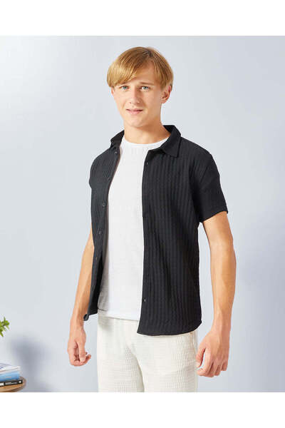 REDTAG Senior Boys Black Jacquard Shirt With White T-Shirt Set (2 Piece)