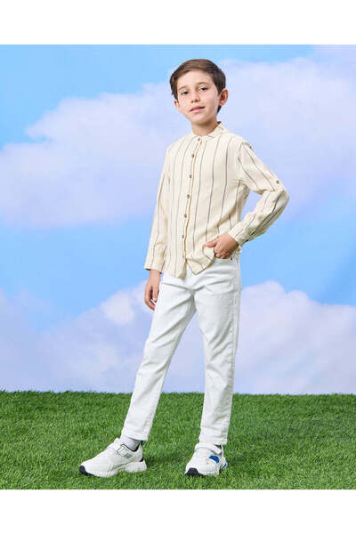 REDTAG قميص مخطط بيج للأولاد بياقة ماندرين