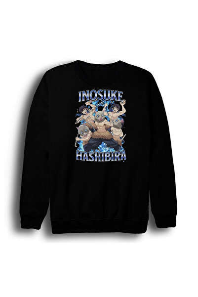 fame-stoned Demon Slayer Inosuke Hashibira Anime Printed Unisex 100% Cotton Black Crew Neck Sweatshirt