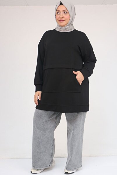 Eslina 58133 Plus Size Kangaroo Pocket Modal Tunic - Black