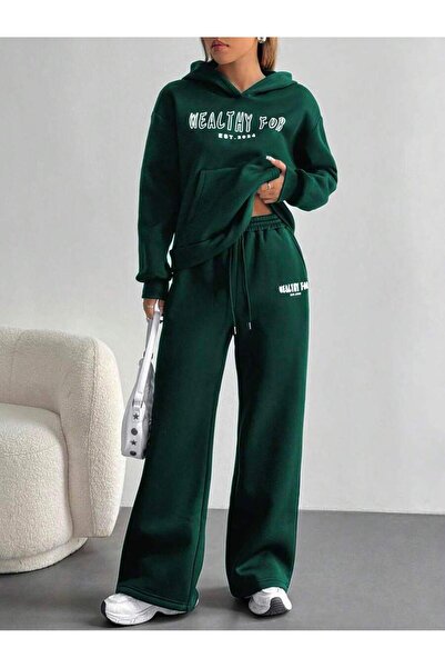 LEONE KOLEKSİYON Women's Neft Green Hooded Two Thread Suit – High Waist Comfortable Fit