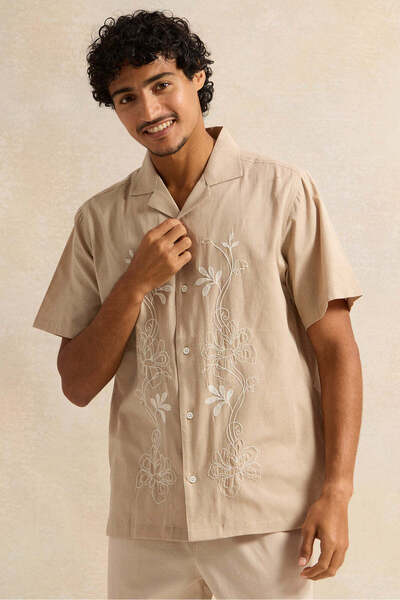 REDTAG Men Beige Embroidered Casual Shirt