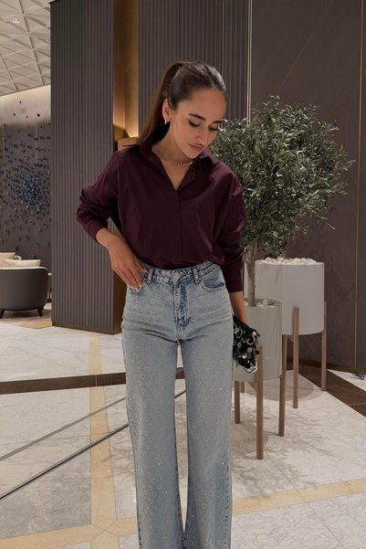 Nazliye Açık Mavi Kalp Taşlı Premium Jean