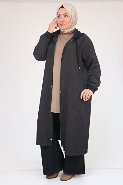 Eslina 53043 Büyük Beden Yakalı Modal-Kapitone Kap - Siyah