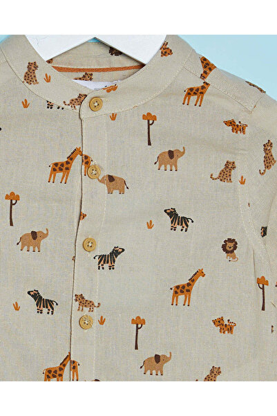 REDTAG Infant Boys Beige Animal Print Mandarin Shirt