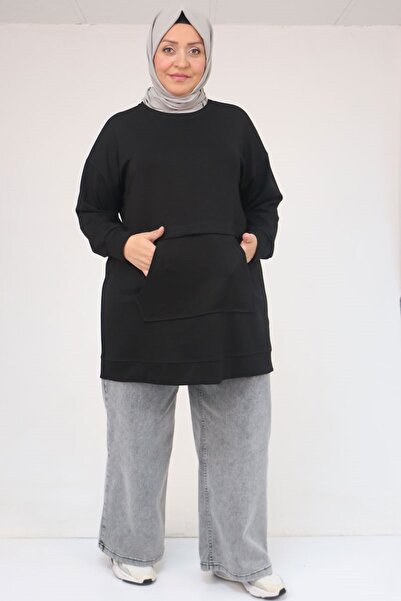 Eslina 58133 Plus Size Kangaroo Pocket Modal Tunic - Black