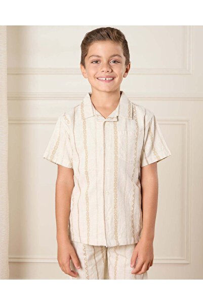 REDTAG Boys Beige Striped Short Sleeved Shirt