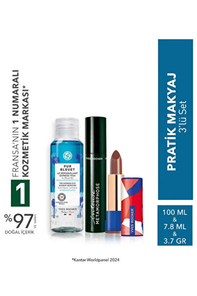 Yves Rocher Pratik Makyaj 3’lü Seti Maskara Ruj Temizleyici Suya Dayanıklı Ka...