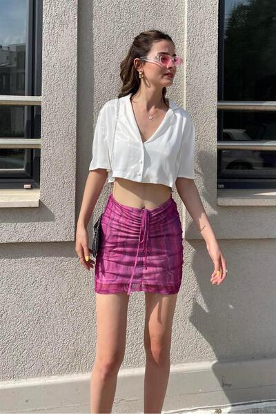 Nazliye Gül Kurusu Büzgülü Tül Mini Etek