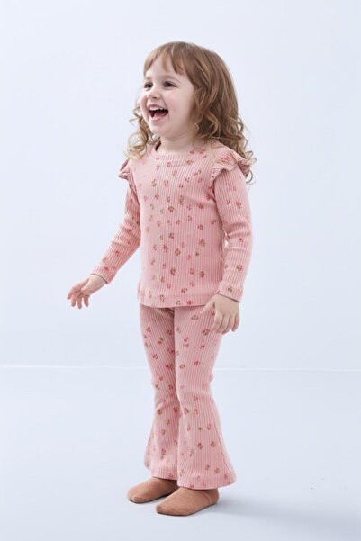 Perendi Kız Çocuk Fırfır Kol Çiçekli Fitilli Takım – Pudra