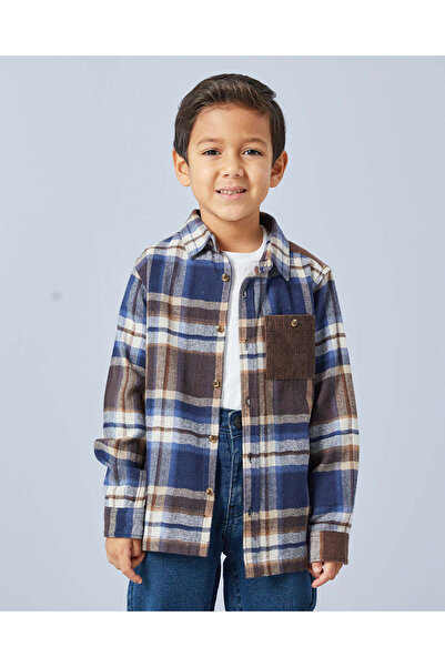 REDTAG Boys Brown And White Flannel Checkered Shirt With T-Shirt