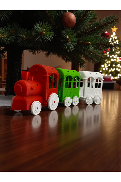 Root Made Yılbaşı Temalı Işıklı Dekoratif Noel Treni (1 Makinist + 2 Vagon) - Tealight Mumlu Yılbaşı Dekoru