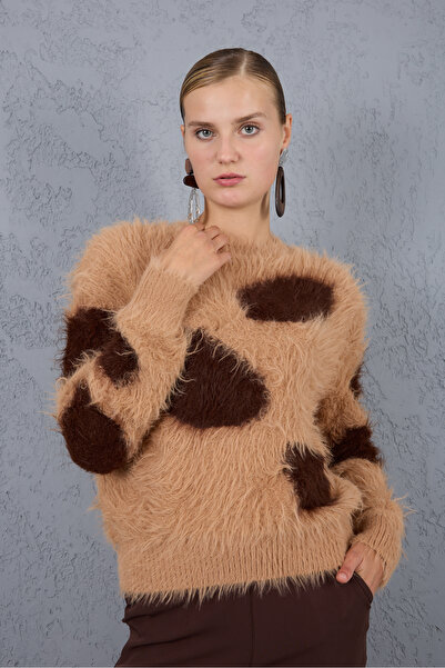 Moda Days Beige-Brown Beard Yarn Patterned Crew Neck Knitwear Sweater