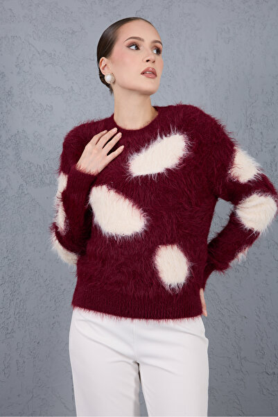 Moda Days Burgundy-Ecru Beard Yarn Patterned Crew Neck Knitwear Sweater