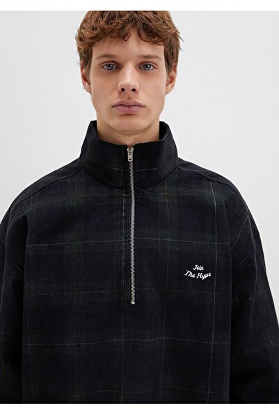 Mavi yarı fermuarlı kareli oversiz (geniş kesim) sweatshirt