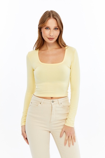 LAENT Women's Butter Yellow Square Neck Long Sleeve Crop Blouse