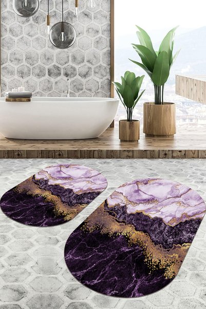 EVİMSEN Digital Non-Slip Base Washable Marble Pattern Oval Bath Mat Toilet Set