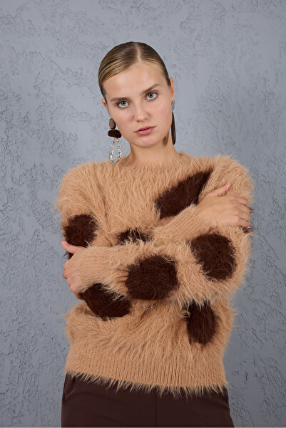 Moda Days Beige-Brown Beard Yarn Patterned Crew Neck Knitwear Sweater