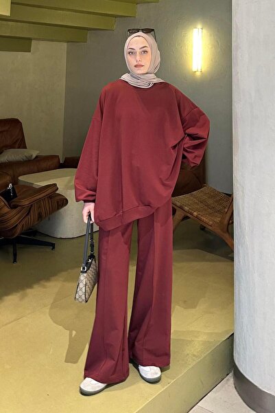 lamelif Hooded Trouser Two-Piece Hijab Set Burgundy