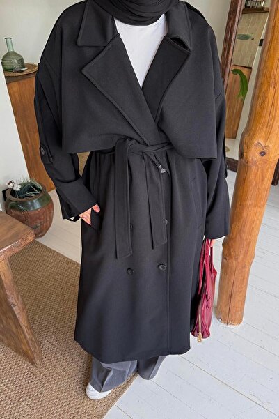 lamelif Trench Coat with Tie Detail Black