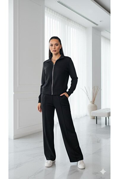 MODA Μαύρο παντελόνι με φερμουάρ, ελαστική μέση και φαρδιά μπατζάκια, σε σετ ...