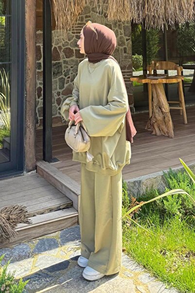 lamelif Hooded Trousers Two-Piece Hijab Set Green