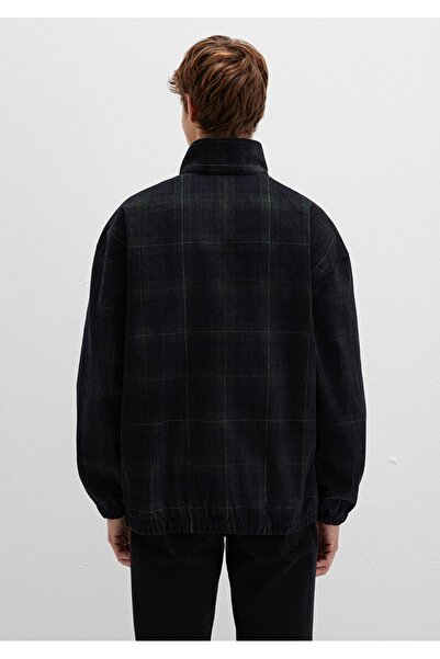 Mavi yarı fermuarlı kareli oversiz (geniş kesim) sweatshirt