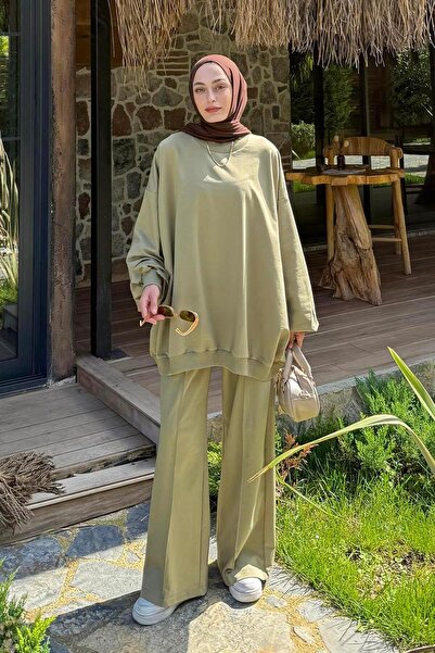 lamelif Hooded Trousers Two-Piece Hijab Set Green