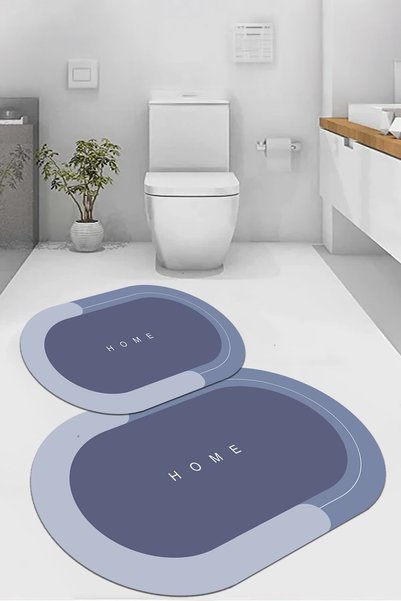 EVİMSEN Digital Non-Slip Base Washable Home Written Oval Bath Mat Toilet Set