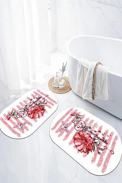 EVİMSEN Set de scaune pentru toaletă cu covoraș de baie oval, lavabil, cu bază digitală anti-alunecare, cu flori și fluturi