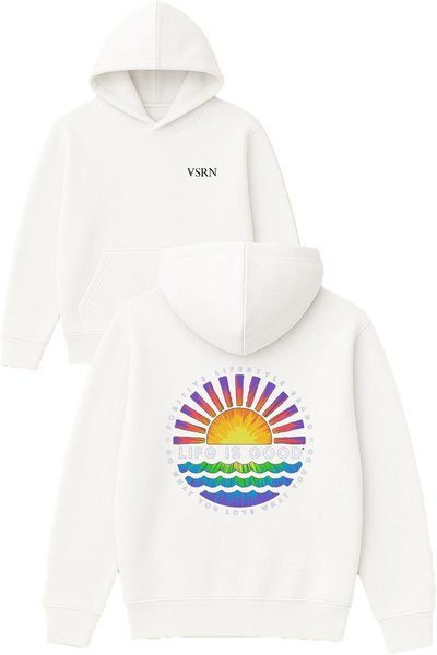 VSRN الحياة جميلة 1 تصميم مطبوع قصة فضفاضة سويت شيرت أبيض بغطاء رأس