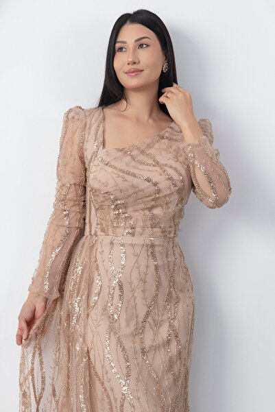 Limbamba Square Neckline Long Sleeves Beaded Tulle Dress
