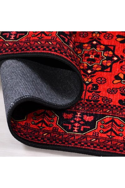 aren.HALI Siano Çerçeveli Kırmızı Polyester ve Pamuklu Kaydırmaz Tabanlı Dijital Baskı Halı