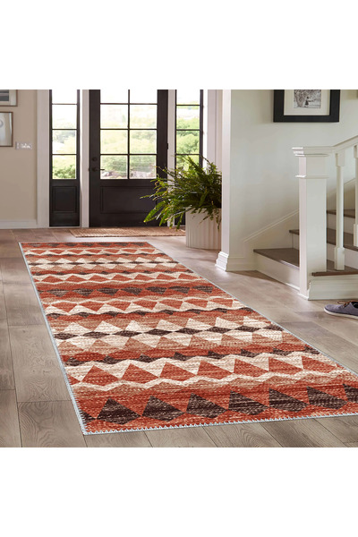 aren.HALI Della Geometrik Turuncu Polyester ve Pamuklu Yıkanabilir Kaydırmaz Taban Dijital Baskı Halı