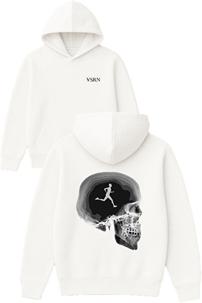 VSRN Hanorac cu glugă alb supradimensionat, cu imprimeu cu design Runner Skull