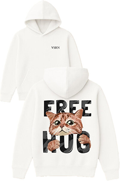 VSRN Free hug Hanorac alb supradimensionat cu glugă și imprimeu