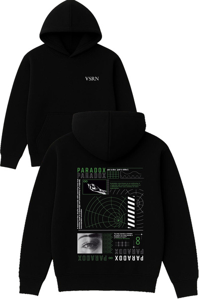 VSRN Hanorac negru supradimensionat cu glugă, imprimat cu design Paradox