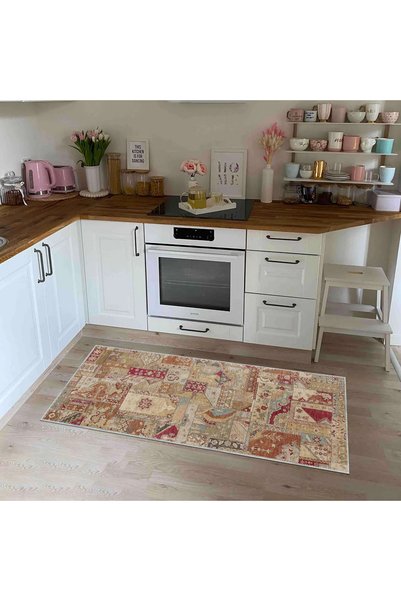 aren.HALI Salamanca Patchwork Bej Polyester ve Pamuklu Yıkanabilir Kaydırmaz Taban Dijital Baskı Halı