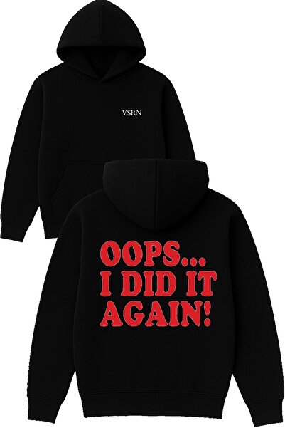 VSRN Oops Design Printed Oversized Black Hooded Sweatshirt