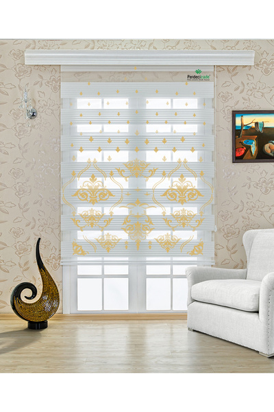 Yznhome Altın Sarısı Yaprak Motifli Şık Zebra Perde – YZN-510