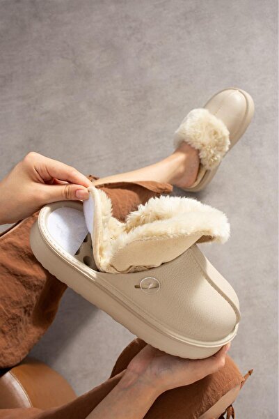 MissPapatya Aurora Beige Women's Fur Warm Thick Sole Water Resistant Winter House Slippers