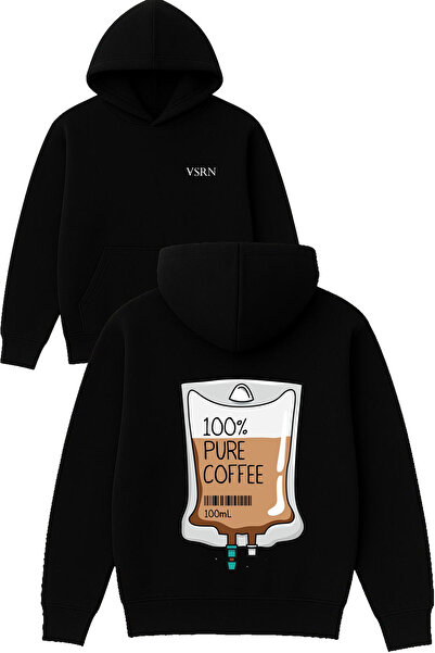 VSRN سترة سيروم كوفي ديزاين مطبوع قصة فضفاضة سوداء بغطاء رأس