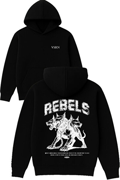 VSRN سويت شيرت ريبلز ديزاين مطبوع قصة فضفاضة أسود بغطاء رأس