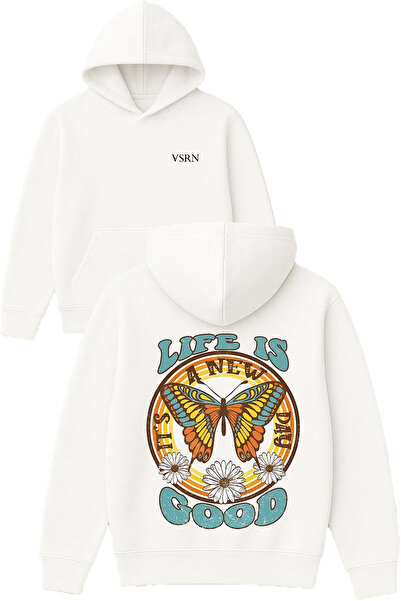 VSRN الحياة جميلة تصميم مطبوع قصة فضفاضة سويت شيرت أبيض بغطاء رأس