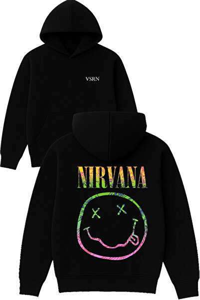 VSRN تصميم نيرفانا إيموجي مطبوع قصة فضفاضة سويت شيرت أسود بغطاء رأس
