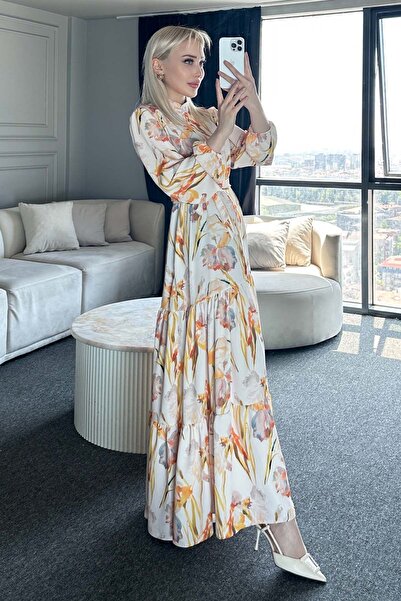 Hiccup Bdart Buttoned and Belted Detail Crew Neck Maxi Dress