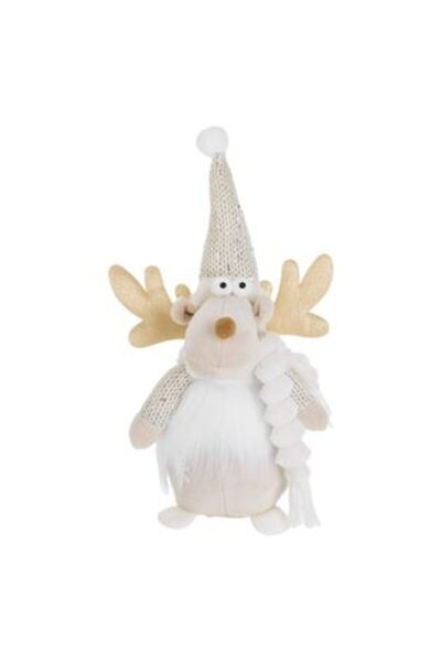 OEM Christmas Decorative Figurine - Ecru Reindeer with Knitted Hat, 28 cm