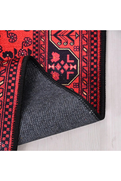 aren.HALI Siano Çerçeveli Kırmızı Polyester ve Pamuklu Kaydırmaz Tabanlı Dijital Baskı Halı