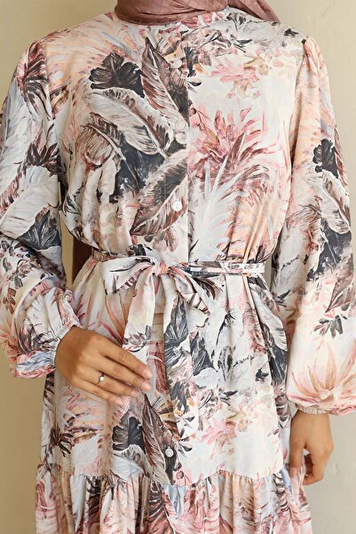 Hiccup Bdart Buttoned and Belted Detail Crew Neck Maxi Dress