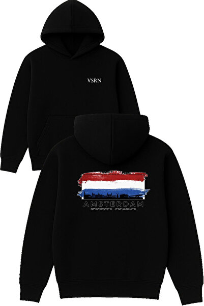 VSRN أمستردام ديزاين مطبوع قصة فضفاضة سويت شيرت أسود بغطاء رأس